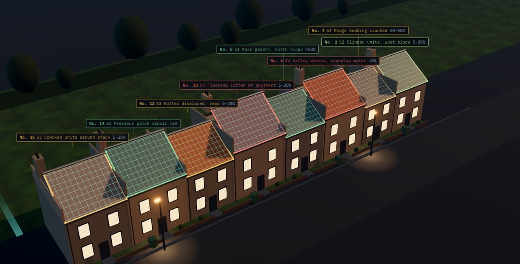 A drone passes over a terrace of eight houses, each roof carrying a survey grid and a graded finding tied to its door number.